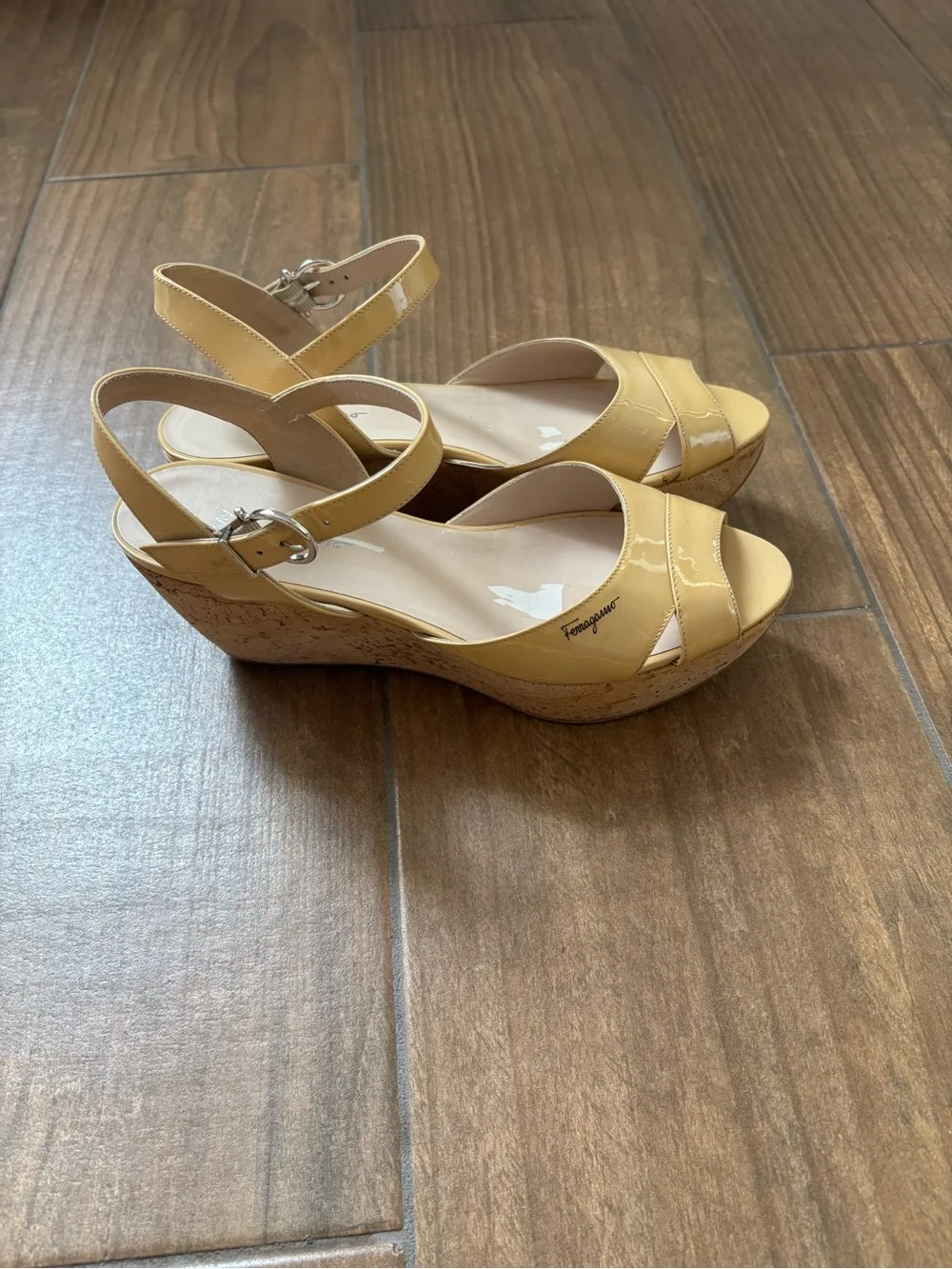 Salvatore Ferragamo Patent Leather My Sunset Cork Wedge Sandals Size 7.5 M